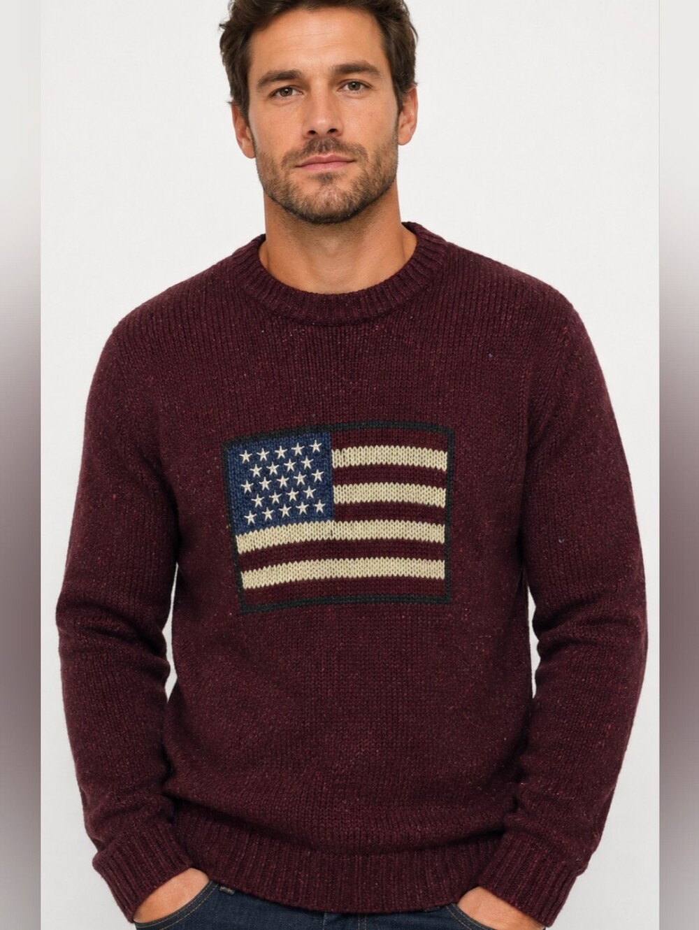 Cotton Traders American Flag Wool Blend Sweater Burgundy Patriotic USA Preppy